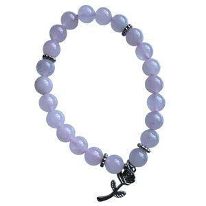 New Healing Stone Rose Quartz Bead Silver Plate Rose Charm Stretch Bracelet Calm